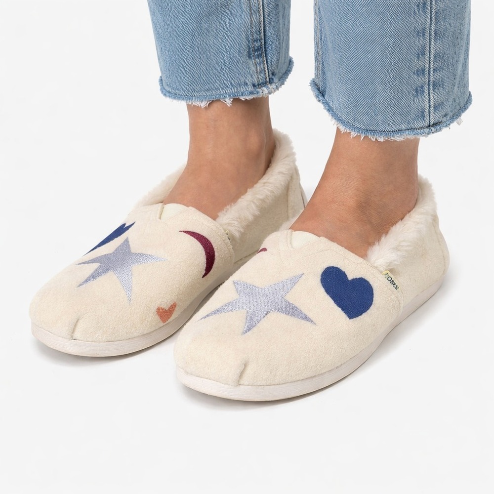 Toms Alpargata Faux Fur Lined Slip-On Shoes Women's Size 6W Cream Hearts & Stars